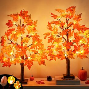 2 Pack 24 Inch Lighted Fall Maple Tree for Fall Decorations with 48 LED Timer Battery Operated Artificial Fall Light up Trees for Home Indoor Outdoor Autumn Harvest Thanksgiving Table Decor in Saudi Arabia