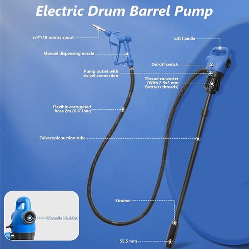Electric Drum Barrel Pump, 110V-240V AC/12V DC Power, 55 Gallon Drum Pump with Built-in 2-Inch Bung Adapter, 5 GPM Flow Rate, Suitable for DEF, Diesel, Water, Antifreeze in Saudi Arabia