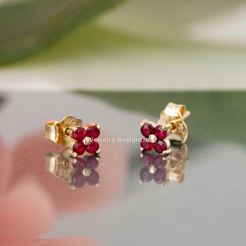 14K Yellow Gold 0.24ctw 4-stone Ruby Flower Stud Earrings, Butterfly Push-back Closure, July Birthstone Earrings in Saudi Arabia