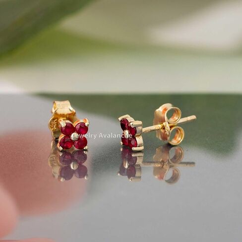 14K Yellow Gold 0.24ctw 4-stone Ruby Flower Stud Earrings, Butterfly Push-back Closure, July Birthstone Earrings in Saudi Arabia