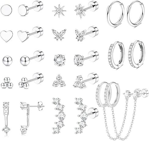 Hypoallergenic Flat Back Earrings for Women Gold Plated Trendy Stacks Surgical Steel Stud Hoop Earrings Set For Multiple Piercing Tiny Stainless Steel Cartilage Screw Back Earrings Jewelry Gifts in Kuwait