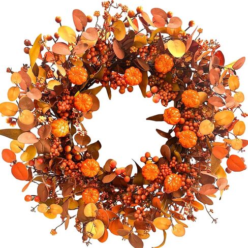 Fall Wreath 22 Inch Fall Wreaths for Front Door Autumn Pumpkin Wreaths with Orange Eucalyptus Leaves and Berries for Indoor Outdoor Thanksgiving Harvest Festival Celebrations in Kuwait