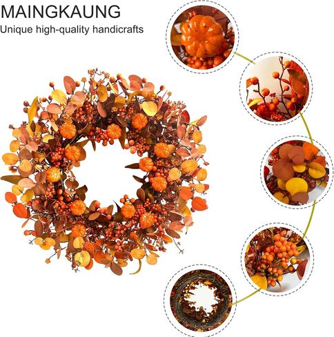 Fall Wreath 22 Inch Fall Wreaths for Front Door Autumn Pumpkin Wreaths with Orange Eucalyptus Leaves and Berries for Indoor Outdoor Thanksgiving Harvest Festival Celebrations in Kuwait