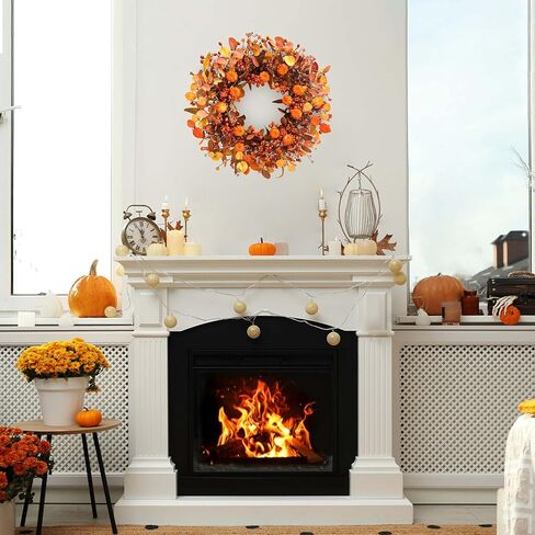Fall Wreath 22 Inch Fall Wreaths for Front Door Autumn Pumpkin Wreaths with Orange Eucalyptus Leaves and Berries for Indoor Outdoor Thanksgiving Harvest Festival Celebrations in Kuwait