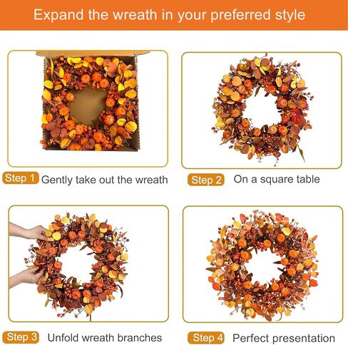 Fall Wreath 22 Inch Fall Wreaths for Front Door Autumn Pumpkin Wreaths with Orange Eucalyptus Leaves and Berries for Indoor Outdoor Thanksgiving Harvest Festival Celebrations in Kuwait