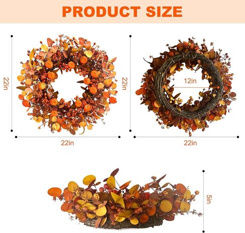 Fall Wreath 22 Inch Fall Wreaths for Front Door Autumn Pumpkin Wreaths with Orange Eucalyptus Leaves and Berries for Indoor Outdoor Thanksgiving Harvest Festival Celebrations in Kuwait