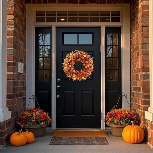 Fall Wreath 22 Inch Fall Wreaths for Front Door Autumn Pumpkin Wreaths with Orange Eucalyptus Leaves and Berries for Indoor Outdoor Thanksgiving Harvest Festival Celebrations in Kuwait