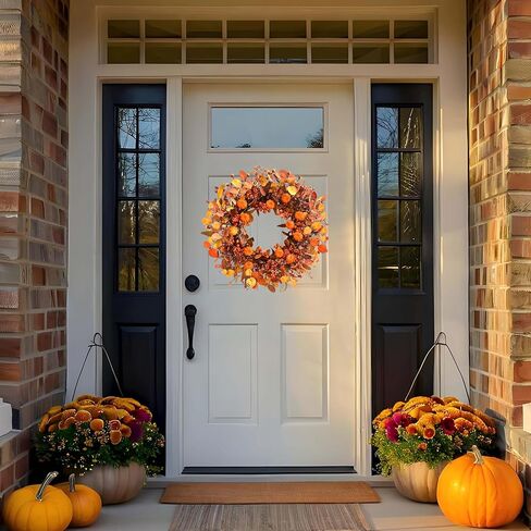 Fall Wreath 22 Inch Fall Wreaths for Front Door Autumn Pumpkin Wreaths with Orange Eucalyptus Leaves and Berries for Indoor Outdoor Thanksgiving Harvest Festival Celebrations in Kuwait