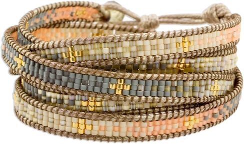NOVICA Artisan Handcrafted Beads Beaded Bracelet | Petite Glass | Nylon Cord | Colorful Wrap | Pewter Button | Cultural Heritage | Glass Beads | Guatemala 'Cerro de la Cruz in Grey' 35" L x 0.3" W in Saudi Arabia