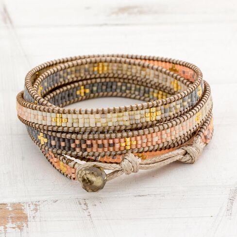 NOVICA Artisan Handcrafted Beads Beaded Bracelet | Petite Glass | Nylon Cord | Colorful Wrap | Pewter Button | Cultural Heritage | Glass Beads | Guatemala 'Cerro de la Cruz in Grey' 35" L x 0.3" W in Saudi Arabia