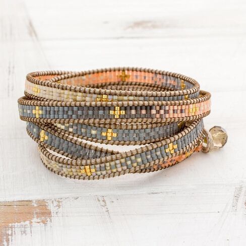 NOVICA Artisan Handcrafted Beads Beaded Bracelet | Petite Glass | Nylon Cord | Colorful Wrap | Pewter Button | Cultural Heritage | Glass Beads | Guatemala 'Cerro de la Cruz in Grey' 35" L x 0.3" W in Saudi Arabia
