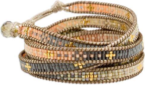 NOVICA Artisan Handcrafted Beads Beaded Bracelet | Petite Glass | Nylon Cord | Colorful Wrap | Pewter Button | Cultural Heritage | Glass Beads | Guatemala 'Cerro de la Cruz in Grey' 35" L x 0.3" W in Saudi Arabia