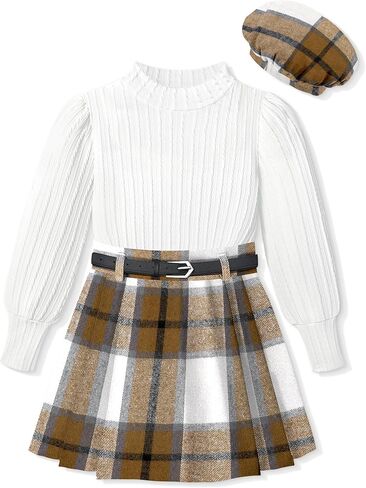 Clothes For Girls Skirt Pants Sets Long-Sleeved Round Neck Top Flannel Plaid Skirt Dress Beret Girls Outfit 3 Piece in Saudi Arabia