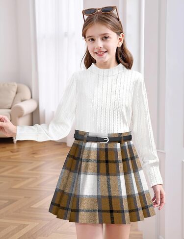 Clothes For Girls Skirt Pants Sets Long-Sleeved Round Neck Top Flannel Plaid Skirt Dress Beret Girls Outfit 3 Piece in Saudi Arabia