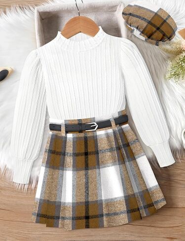 Clothes For Girls Skirt Pants Sets Long-Sleeved Round Neck Top Flannel Plaid Skirt Dress Beret Girls Outfit 3 Piece in Saudi Arabia