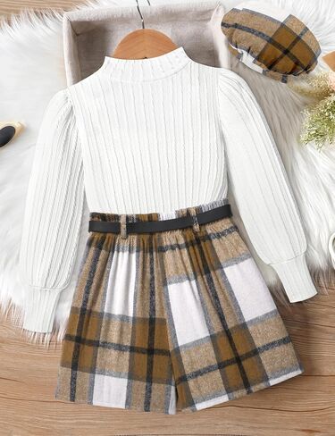 Clothes For Girls Skirt Pants Sets Long-Sleeved Round Neck Top Flannel Plaid Skirt Dress Beret Girls Outfit 3 Piece in Saudi Arabia