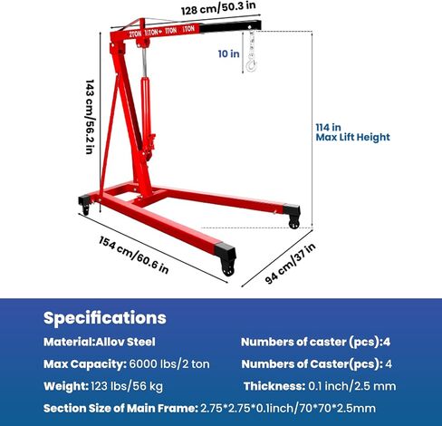 6000 LBS Engine Hoist with Leveler, 3 Ton Cherry Picker Engine Hoist, Folding Engine Shop Crane Hoist Lift, 8 Ton Hydraulic Pump, Cherry Picker Shop Crane with 6 Casters (2Ton) in Saudi Arabia