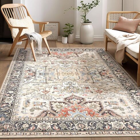 Area Rug 5x7 Big Carpet for Living Room Bedroom Home Decor Washable Oriental Vintage Floral Distressed Rugs Large Indoor Carpets with Non Slip Back for Nursery Dining Room Office Floor -Brown in Saudi Arabia