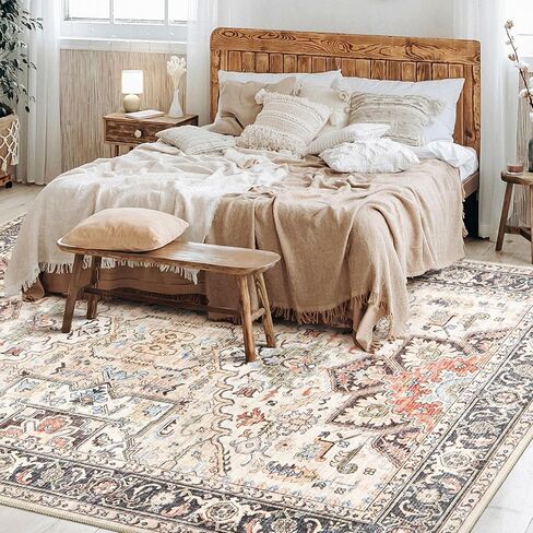 Area Rug 5x7 Big Carpet for Living Room Bedroom Home Decor Washable Oriental Vintage Floral Distressed Rugs Large Indoor Carpets with Non Slip Back for Nursery Dining Room Office Floor -Brown in Saudi Arabia