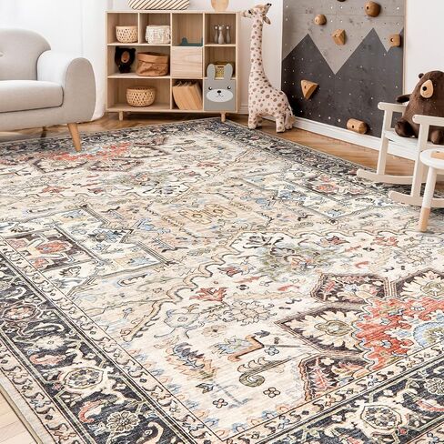 Area Rug 5x7 Big Carpet for Living Room Bedroom Home Decor Washable Oriental Vintage Floral Distressed Rugs Large Indoor Carpets with Non Slip Back for Nursery Dining Room Office Floor -Brown in Saudi Arabia