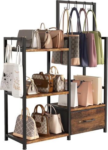 3-Tier Purse Organizer Rack with Pull-Out Drawer & 6 Adjustable Hooks, Floor Standing Purse Storage Stand, Iron and Wood Handbag Storage Rack for Closet, Bedroom, Entryway (Rustic Brown) in Saudi Arabia