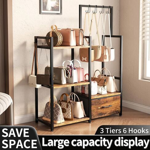 3-Tier Purse Organizer Rack with Pull-Out Drawer & 6 Adjustable Hooks, Floor Standing Purse Storage Stand, Iron and Wood Handbag Storage Rack for Closet, Bedroom, Entryway (Rustic Brown) in Saudi Arabia
