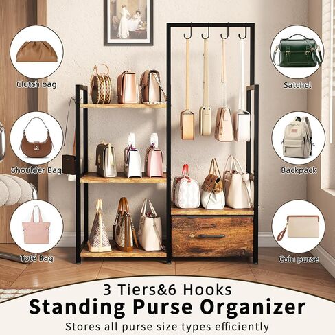 3-Tier Purse Organizer Rack with Pull-Out Drawer & 6 Adjustable Hooks, Floor Standing Purse Storage Stand, Iron and Wood Handbag Storage Rack for Closet, Bedroom, Entryway (Rustic Brown) in Saudi Arabia