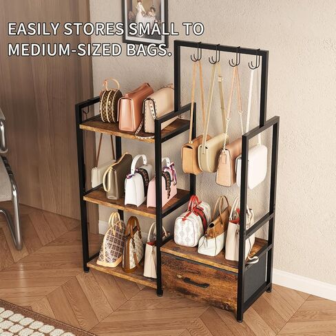 3-Tier Purse Organizer Rack with Pull-Out Drawer & 6 Adjustable Hooks, Floor Standing Purse Storage Stand, Iron and Wood Handbag Storage Rack for Closet, Bedroom, Entryway (Rustic Brown) in Saudi Arabia