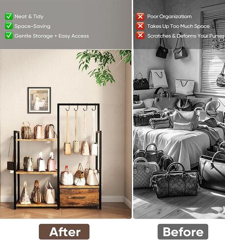 3-Tier Purse Organizer Rack with Pull-Out Drawer & 6 Adjustable Hooks, Floor Standing Purse Storage Stand, Iron and Wood Handbag Storage Rack for Closet, Bedroom, Entryway (Rustic Brown) in Saudi Arabia