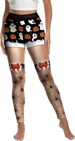 Halloween Costumes Leggings for Women Skull Ghost Spooky Pumpkin Orange Striped Legging High Waist Tight Yoga Pants in Kuwait