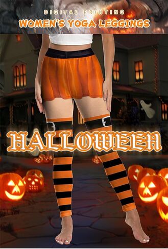 Halloween Costumes Leggings for Women Skull Ghost Spooky Pumpkin Orange Striped Legging High Waist Tight Yoga Pants in Kuwait