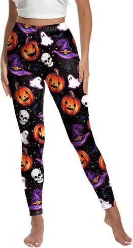 Halloween Costumes Leggings for Women Skull Ghost Spooky Pumpkin Orange Striped Legging High Waist Tight Yoga Pants in Kuwait