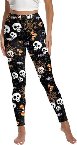 Halloween Costumes Leggings for Women Skull Ghost Spooky Pumpkin Orange Striped Legging High Waist Tight Yoga Pants in Kuwait