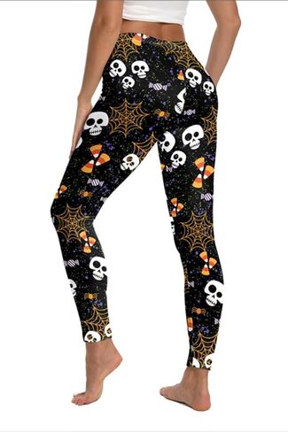 Halloween Costumes Leggings for Women Skull Ghost Spooky Pumpkin Orange Striped Legging High Waist Tight Yoga Pants in Kuwait
