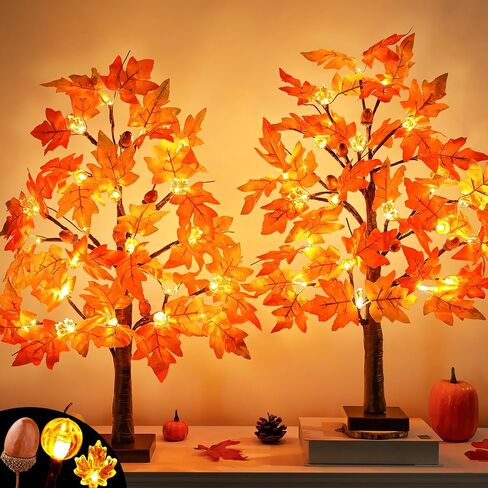 2 Pack 24 Inch Lighted Fall Maple Tree for Fall Decorations with 48 LED Timer Battery Operated Artificial Fall Light up Trees for Home Indoor Outdoor Autumn Harvest Thanksgiving Table Decor in Saudi Arabia