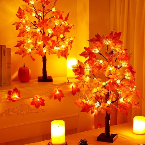 2 Pack 24 Inch Lighted Fall Maple Tree for Fall Decorations with 48 LED Timer Battery Operated Artificial Fall Light up Trees for Home Indoor Outdoor Autumn Harvest Thanksgiving Table Decor in Saudi Arabia