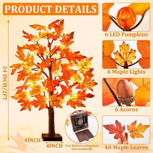 2 Pack 24 Inch Lighted Fall Maple Tree for Fall Decorations with 48 LED Timer Battery Operated Artificial Fall Light up Trees for Home Indoor Outdoor Autumn Harvest Thanksgiving Table Decor in Saudi Arabia