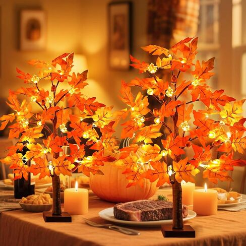 2 Pack 24 Inch Lighted Fall Maple Tree for Fall Decorations with 48 LED Timer Battery Operated Artificial Fall Light up Trees for Home Indoor Outdoor Autumn Harvest Thanksgiving Table Decor in Saudi Arabia