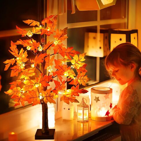 2 Pack 24 Inch Lighted Fall Maple Tree for Fall Decorations with 48 LED Timer Battery Operated Artificial Fall Light up Trees for Home Indoor Outdoor Autumn Harvest Thanksgiving Table Decor in Saudi Arabia