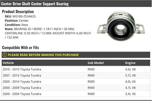 دعم عمود محرك المركزي - متوافق مع 2000-2015 Toyota Tundra RWD in Saudi Arabia