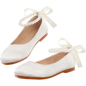 Mejormen Flower Girl Shoes Girls Dress Shoe Toddler Mary Jane Ballet Flats Princess Lace-Up Pearl Ongle Strap Bress Shoes for Wedding Party School in Kuwait