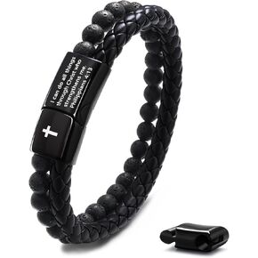 Feel Mens Bible Bible Beary Bracelet - Lava Rock Bead Cross Bracelet للرجال - الشفاء الموازنة معصمًا جلديًا مضفرًا - مجوهرات التخرج المسيحي الديني للرجال in Kuwait