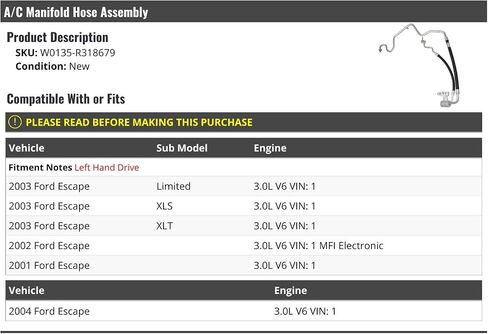 A/C Manifold Hose Assembly - Compatible with 2001-2004 Ford Escape in Saudi Arabia