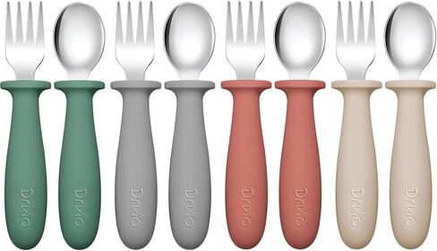 DRKIO 8 Pieces Toddler Utensils Set - Kids Silverware Set with Silicone Handle Children Safe 18/8 Stainless Steel Forks and Spoons Anti-Choke Design Food Grade Dishwasher Safe in Kuwait
