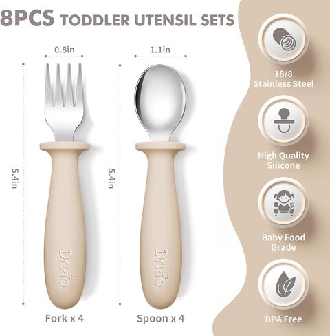 DRKIO 8 Pieces Toddler Utensils Set - Kids Silverware Set with Silicone Handle Children Safe 18/8 Stainless Steel Forks and Spoons Anti-Choke Design Food Grade Dishwasher Safe in Kuwait