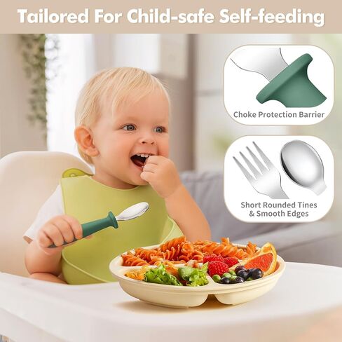 DRKIO 8 Pieces Toddler Utensils Set - Kids Silverware Set with Silicone Handle Children Safe 18/8 Stainless Steel Forks and Spoons Anti-Choke Design Food Grade Dishwasher Safe in Kuwait