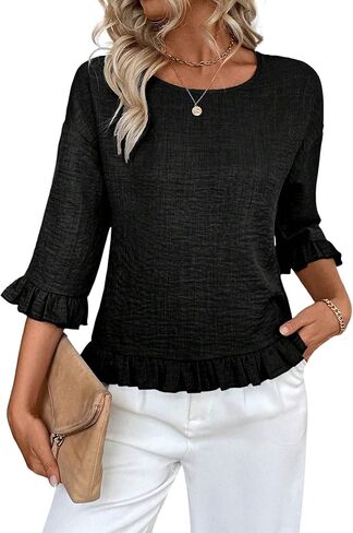 Urchics Womens Ruffle 3/4 Sleeve Tops Casual Linen Blouses Crew Neck Drop Shoulder Dressy Shirts Fall Outfits in Kuwait