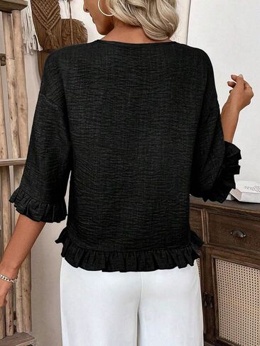 Urchics Womens Ruffle 3/4 Sleeve Tops Casual Linen Blouses Crew Neck Drop Shoulder Dressy Shirts Fall Outfits in Kuwait