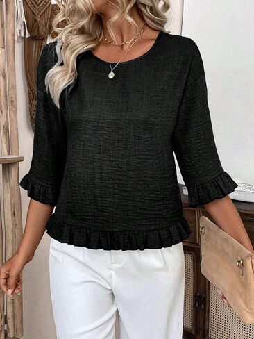 Urchics Womens Ruffle 3/4 Sleeve Tops Casual Linen Blouses Crew Neck Drop Shoulder Dressy Shirts Fall Outfits in Kuwait