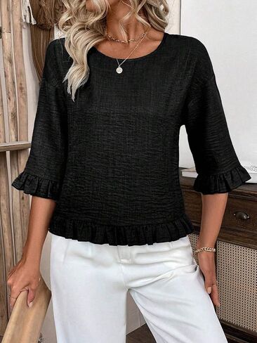 Urchics Womens Ruffle 3/4 Sleeve Tops Casual Linen Blouses Crew Neck Drop Shoulder Dressy Shirts Fall Outfits in Kuwait